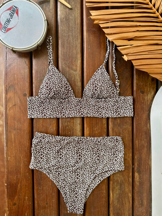 Biquini faixa hotpants oncinha marrom